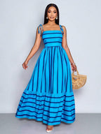 Women's Blue And White Stripe Flowing Maxi Dress,Summer Elegant Holiday Tea Party Holiday,Shoulder Straps Chest Gathering,Beach Casual Gown