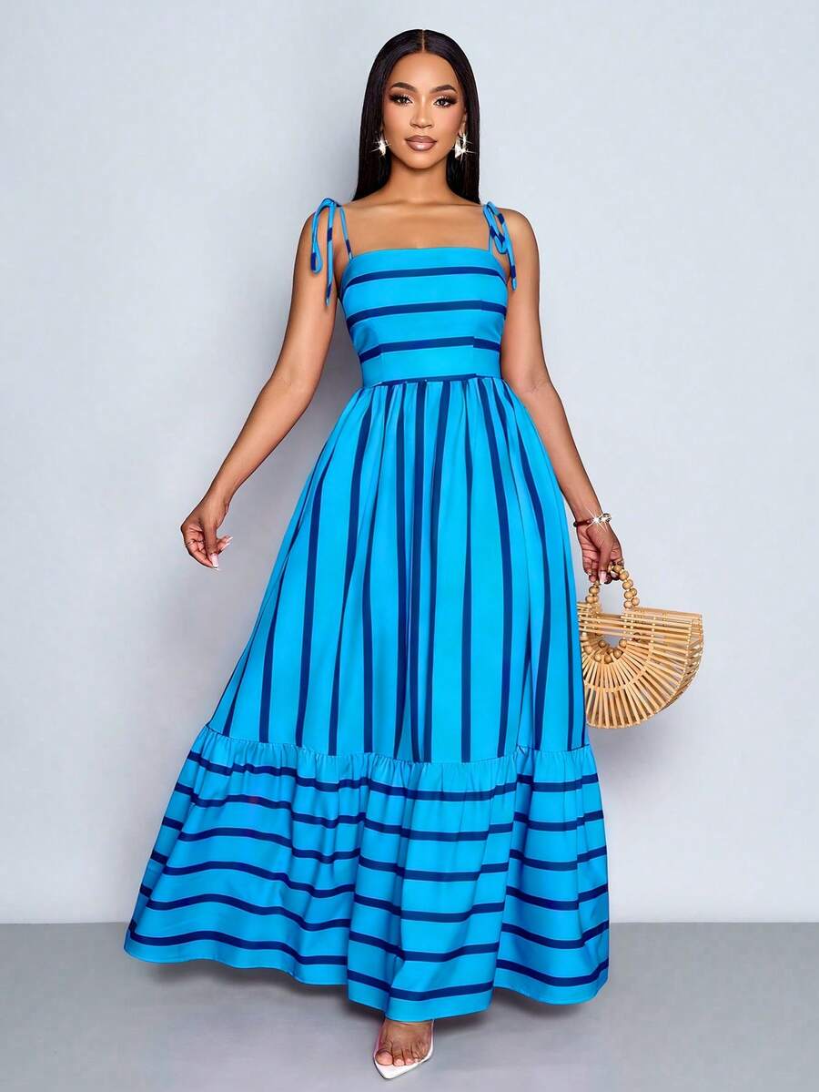 Women's Blue And White Stripe Flowing Maxi Dress,Summer Elegant Holiday Tea Party Holiday,Shoulder Straps Chest Gathering,Beach Casual Gown
