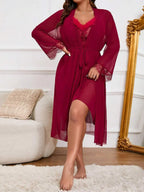 Soft Feather Patchwork & Ethereal Mesh Plus Size Women's Nightgown Set