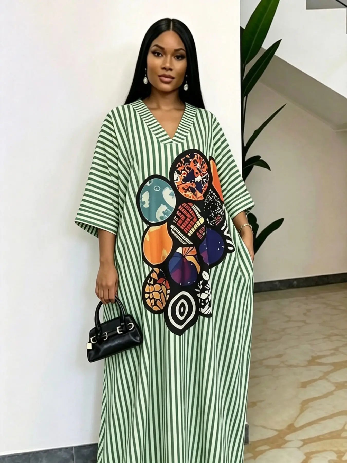 New Fashion Chic Loose Fit Casual Daily Everyday Shopping Dress, Blue Striped and Geometric Print V-Neck Short Sleeve Dress, Women's Summer Dress with Pockets, Boho Casual Dress