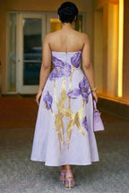Strapless Flower Cinch Waist Loose Fit Party Maxi Dresses-Purple