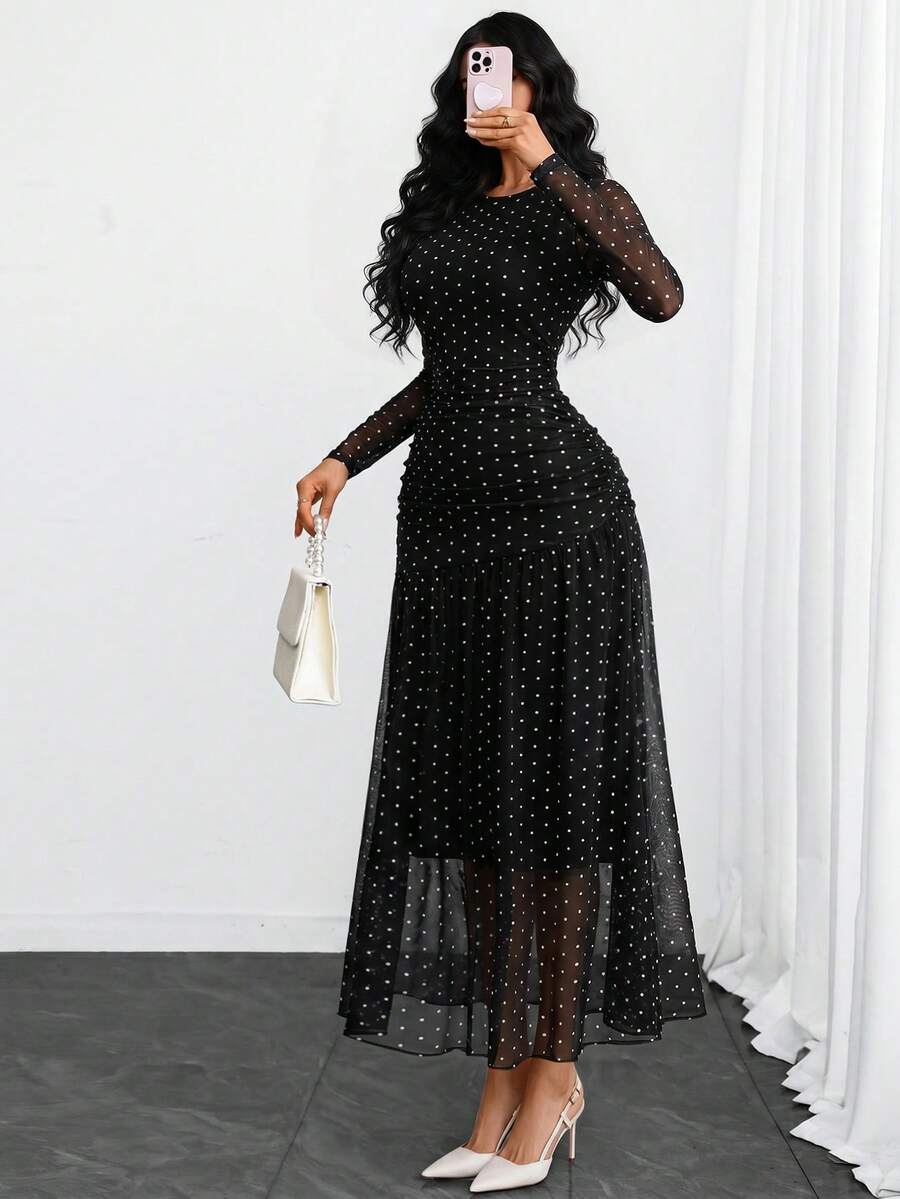 Women's Gothic Sexy Elegant Modern Contrast Stripe Asymmetrical Ruffle Waist Double-Layer Mesh Long Sleeve Dress, Suitable For Dates, Vacations And Daily Commute Spring