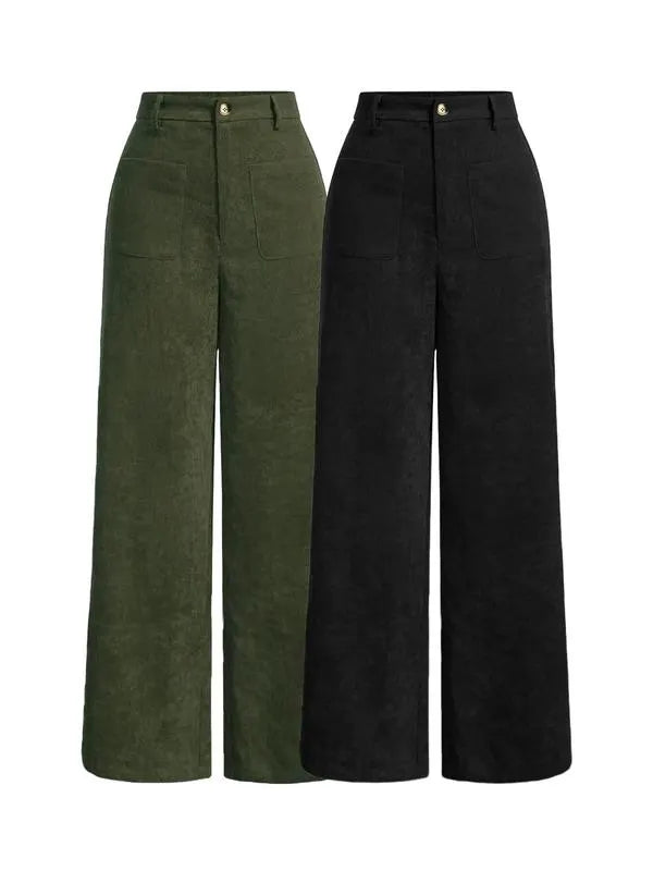Women's Plain Pocket Button Front Wide Leg Pants, Casual High Waist Trousers for Daily Wear, Ladies Bottoms for All Seasons