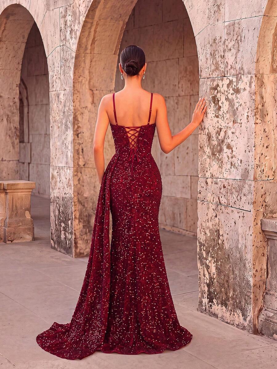 Elegant Sequin Spaghetti Strap Rhinestone Patchwork Fishbone High Waist High Slit Tie Back Open Back Evening Dress Fall