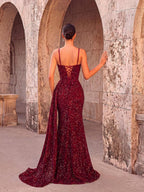 Elegant Sequin Spaghetti Strap Rhinestone Patchwork Fishbone High Waist High Slit Tie Back Open Back Evening Dress Fall