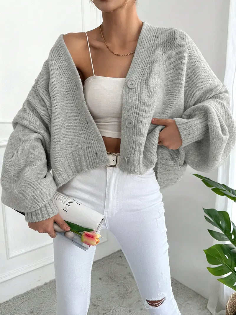 Women's V Neck Lantern Sleeve Sweater, Casual Baggy Loose-Fit Knitted Cardigan, Fall & Winter Fashion, Plain Color, One Button Design, Knitwear, Long Sleeve Tops