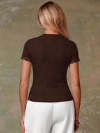 Women's Casual Red Single-Breasted Short Sleeve Fitted Top,Red Top,Christmas, Cute Vacation,Resort Wear,Summer Holiday,Spring,Spring Break,Beach