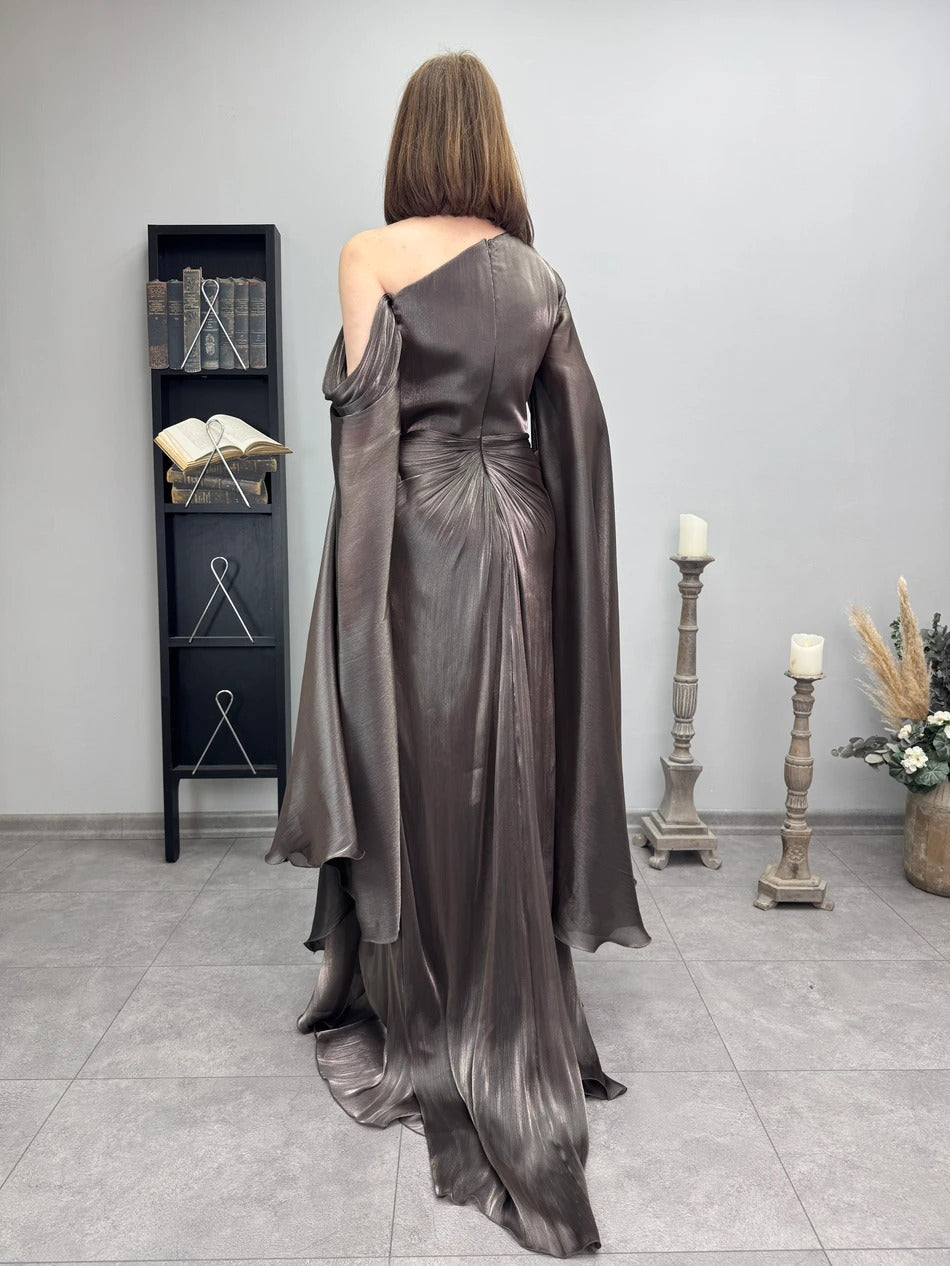 Metallic One-Shoulder Cape Maxi Dress