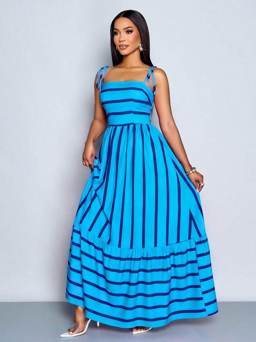 Women's Blue And White Stripe Flowing Maxi Dress,Summer Elegant Holiday Tea Party Holiday,Shoulder Straps Chest Gathering,Beach Casual Gown