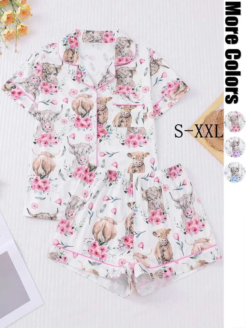 Women's All-Over Cow-Print Contrast-Trim Shirt & Elastic-Waist Shorts Pajama Loungewear Set