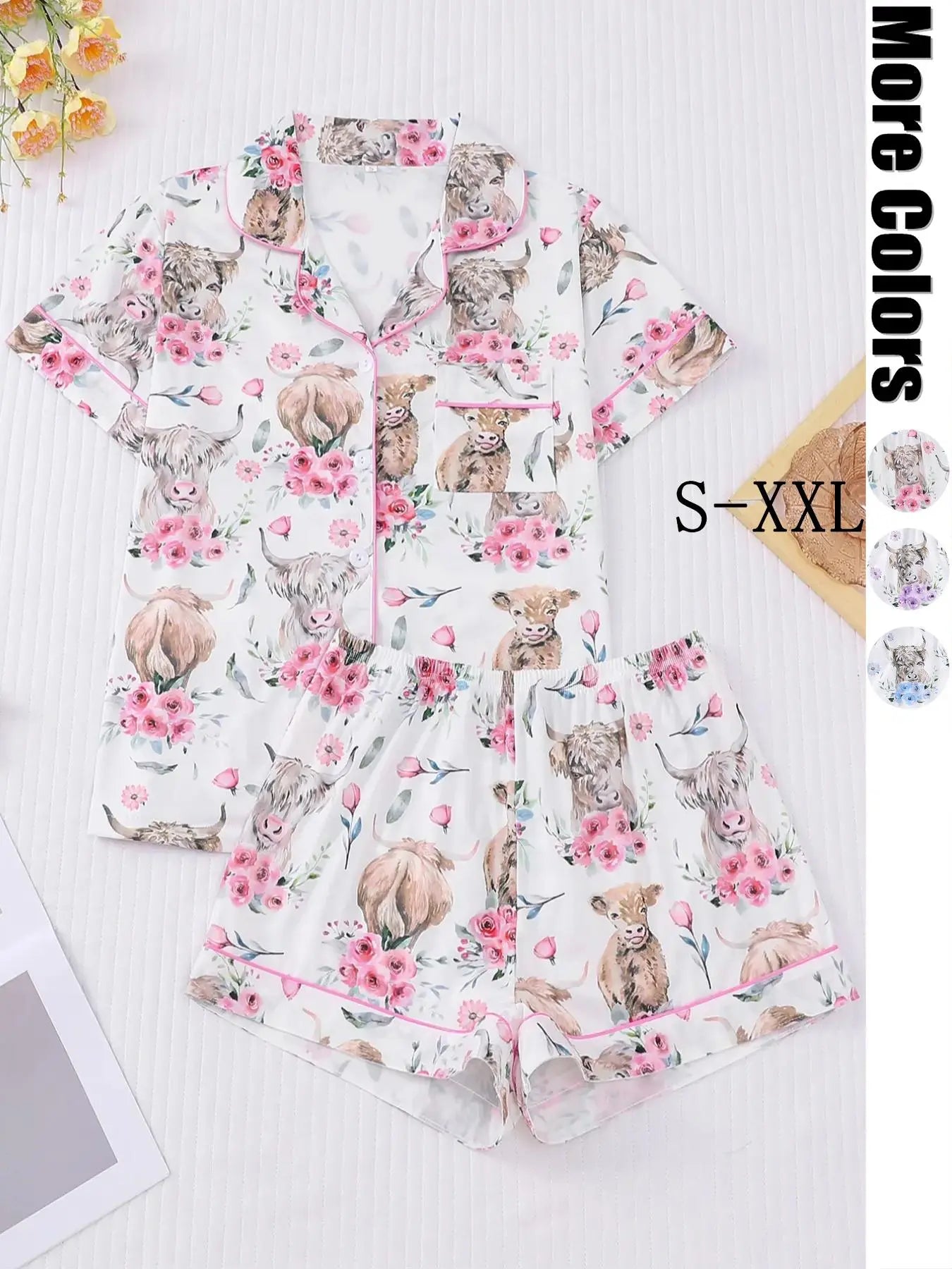 Women's All-Over Cow-Print Contrast-Trim Shirt & Elastic-Waist Shorts Pajama Loungewear Set, Casual Comfy Short Sleeve Collared Top & Shorts PJ Two-Piece Set