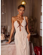 Daiki Halterneck Ruched Maxi Dress In Champagne