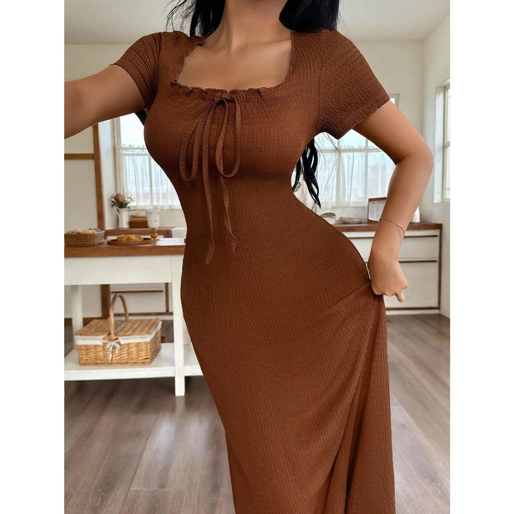 Women's Casual Solid Color Jacquard Gathered Ruffle Trim Square Neck Maxi Loungewear Dress Brown Dress Lounge Dress Summer Dress Tie Front Dress Midi Dress