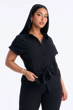 Makela Tie Front Wide Leg Pant Set - Black
