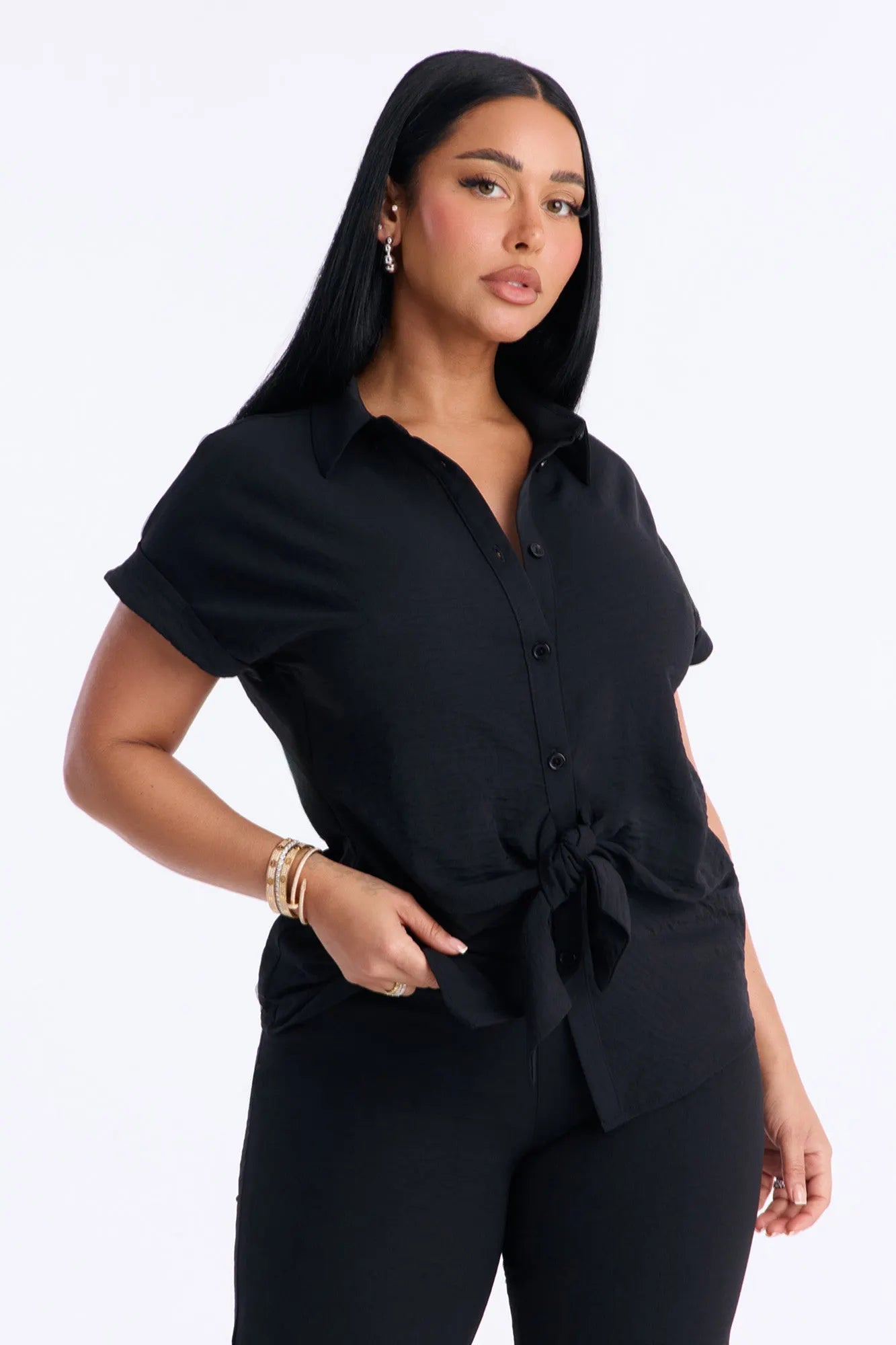 Makela Tie Front Wide Leg Pant Set - Black