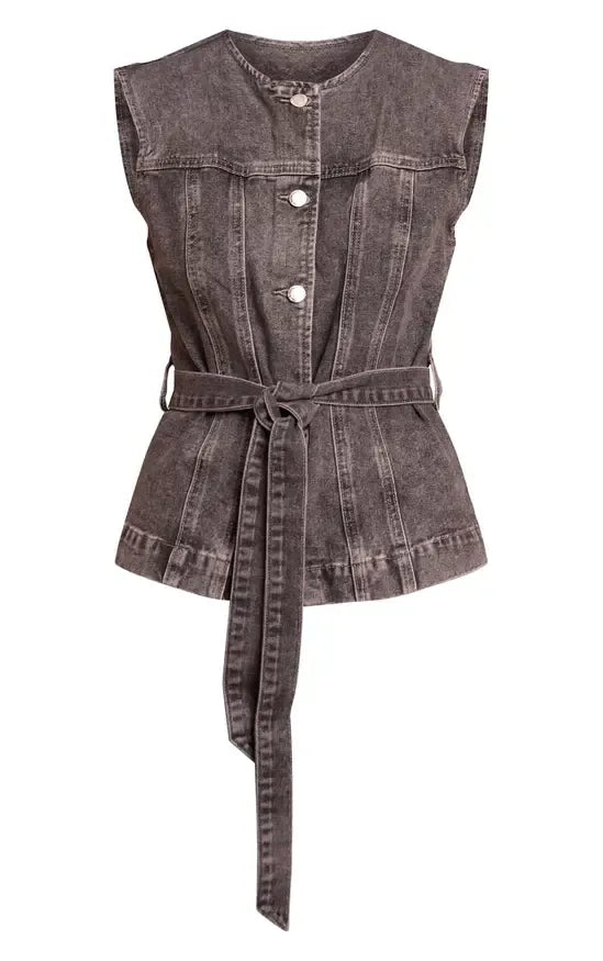 Indigo Round Neck Cinch Belted Denim Top
