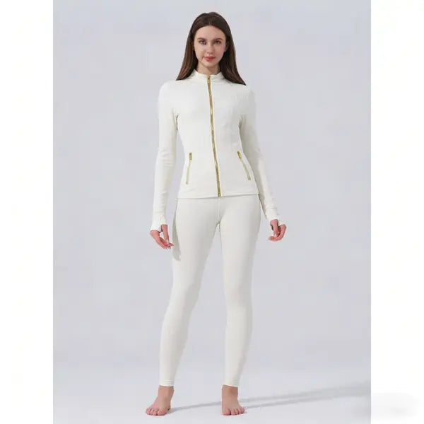 【Golden Zipper】Soft Brushed Women's Sport | Yoga | Quick-dry | Workout Jacket & High Waisted Cropped Leggings. Golden Zipper Jacket with Pockets, Yoga Pants, Thumbholes Design, Casual Slim fit Wear for Women