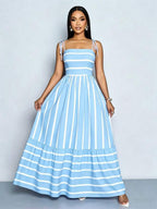 Women's Blue And White Stripe Flowing Maxi Dress,Summer Elegant Holiday Tea Party Holiday,Shoulder Straps Chest Gathering,Beach Casual Gown