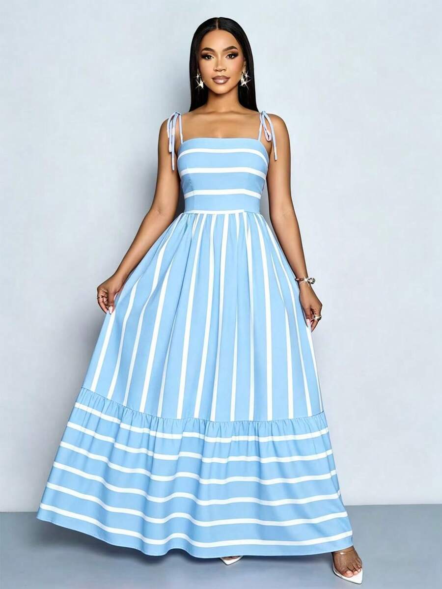 Women's Blue And White Stripe Flowing Maxi Dress,Summer Elegant Holiday Tea Party Holiday,Shoulder Straps Chest Gathering,Beach Casual Gown