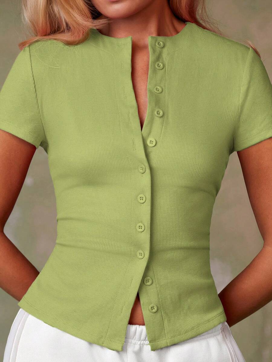 Women's Casual Red Single-Breasted Short Sleeve Fitted Top,Red Top,Christmas, Cute Vacation,Resort Wear,Summer Holiday,Spring,Spring Break,Beach