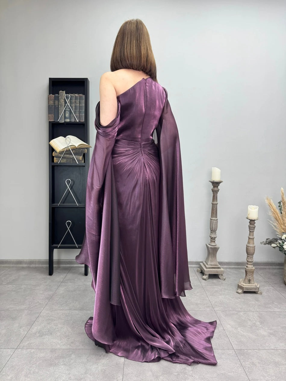 Metallic One-Shoulder Cape Maxi Dress