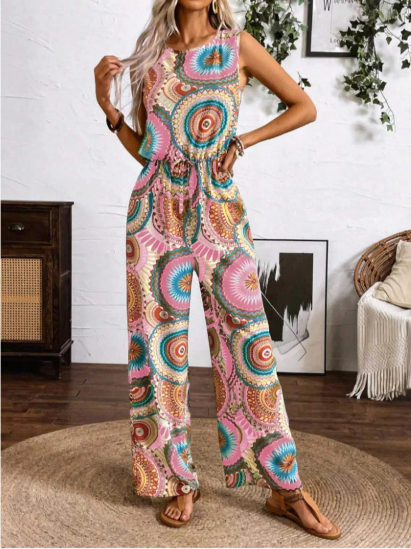 Women's Bohemian Style Sleeveless Jumpsuit, All over Print, Fitted, Casual, Round Neck, Wide Leg, Elastic Waist, Party & Vacation, Boho
