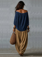 2026 New Women Two Piece Matching Set, Oversized Long off Shoulder Blouse, Elastic Cuff Lantern Pants, Casual Vacation Streetwear