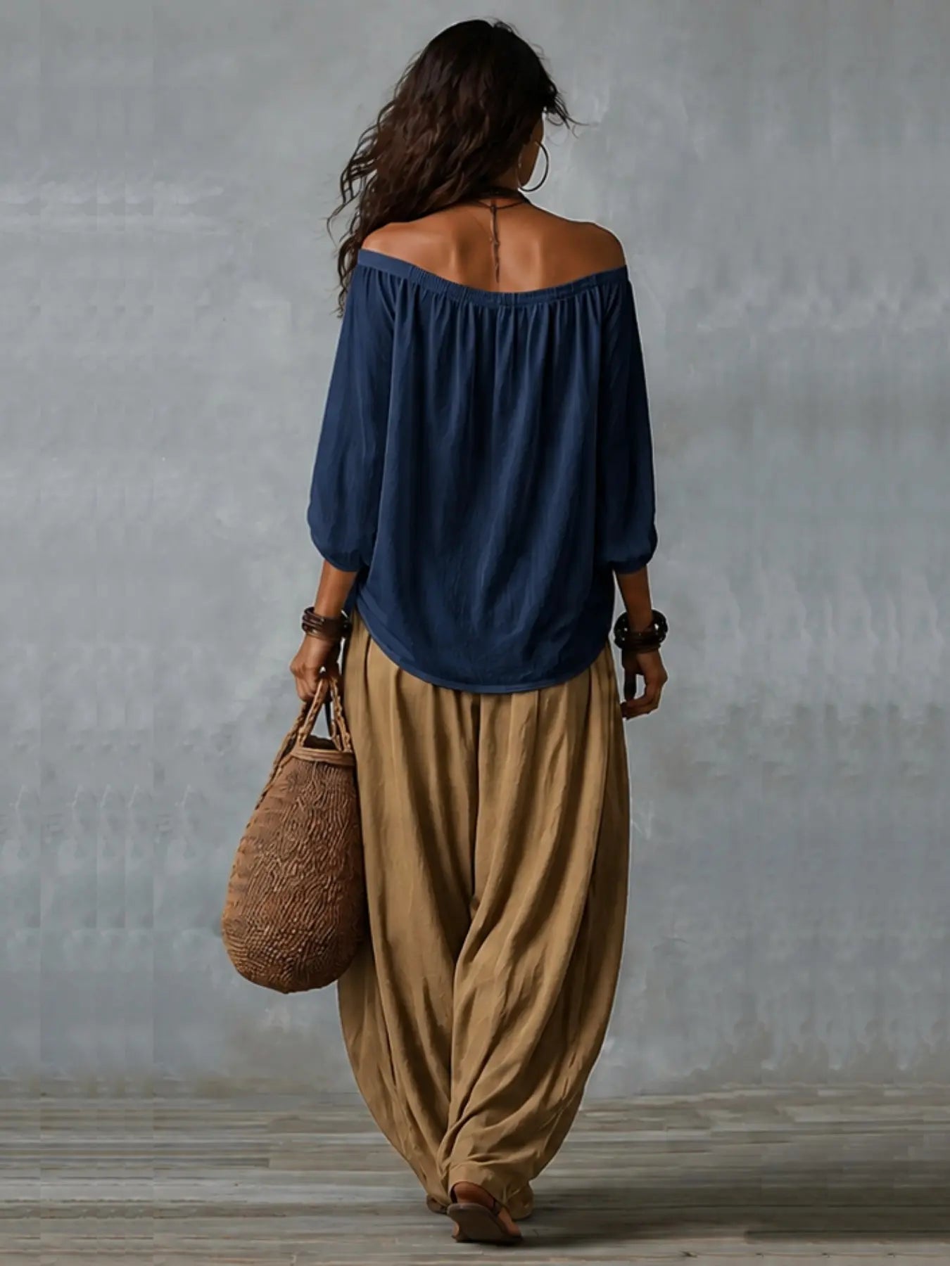 2026 New Women Two Piece Matching Set, Oversized Long off Shoulder Blouse, Elastic Cuff Lantern Pants, Casual Vacation Streetwear
