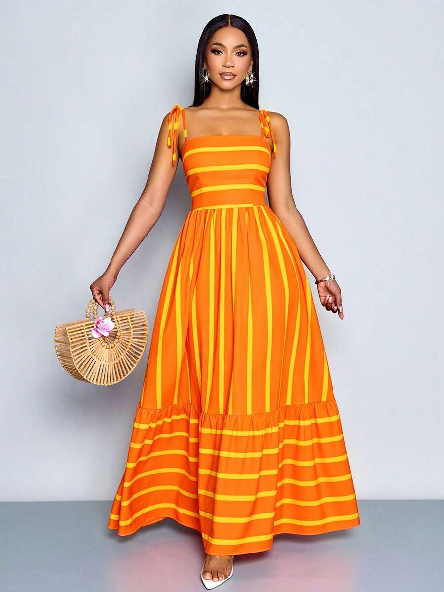 Women's Blue And White Stripe Flowing Maxi Dress,Summer Elegant Holiday Tea Party Holiday,Shoulder Straps Chest Gathering,Beach Casual Gown