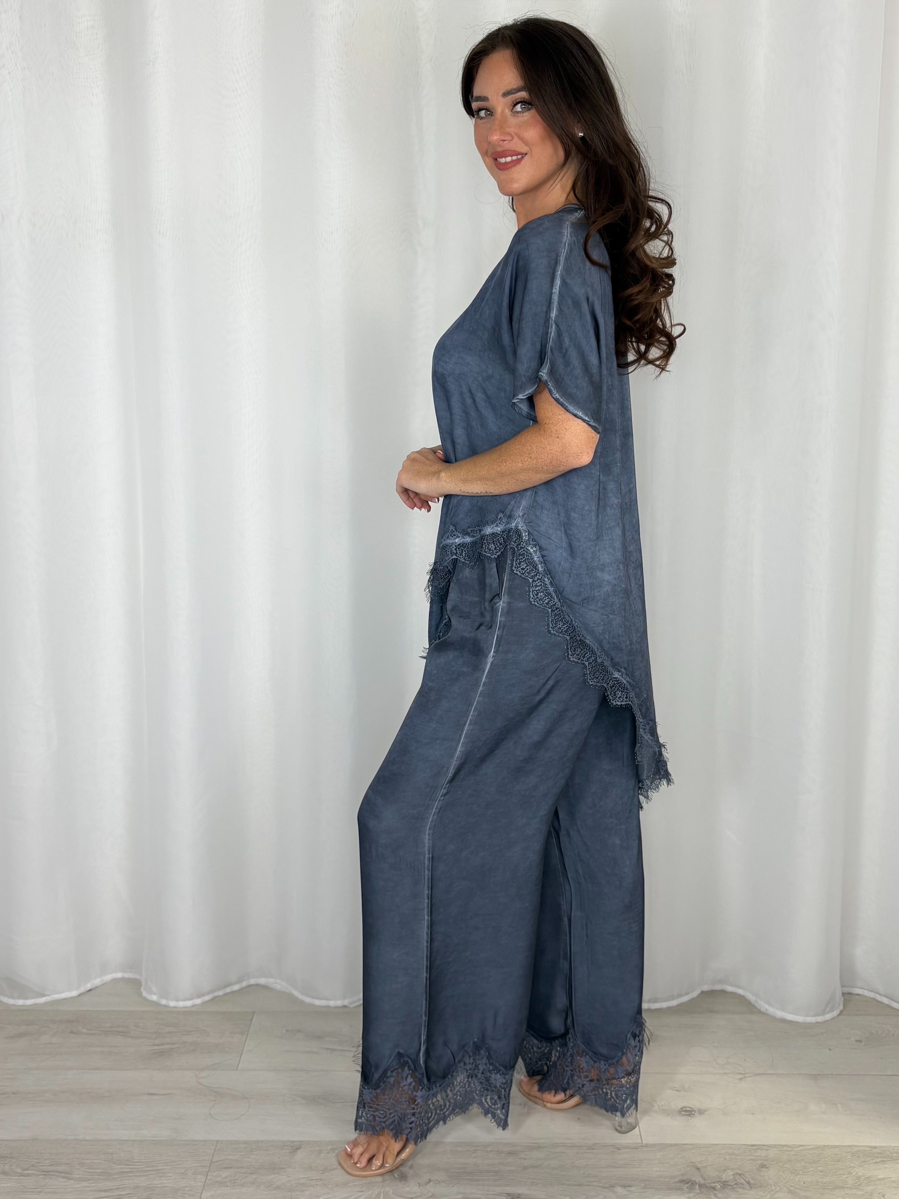 Asymmetric Top And Trouser Co-Ord With Lace Trim (3 Colours)