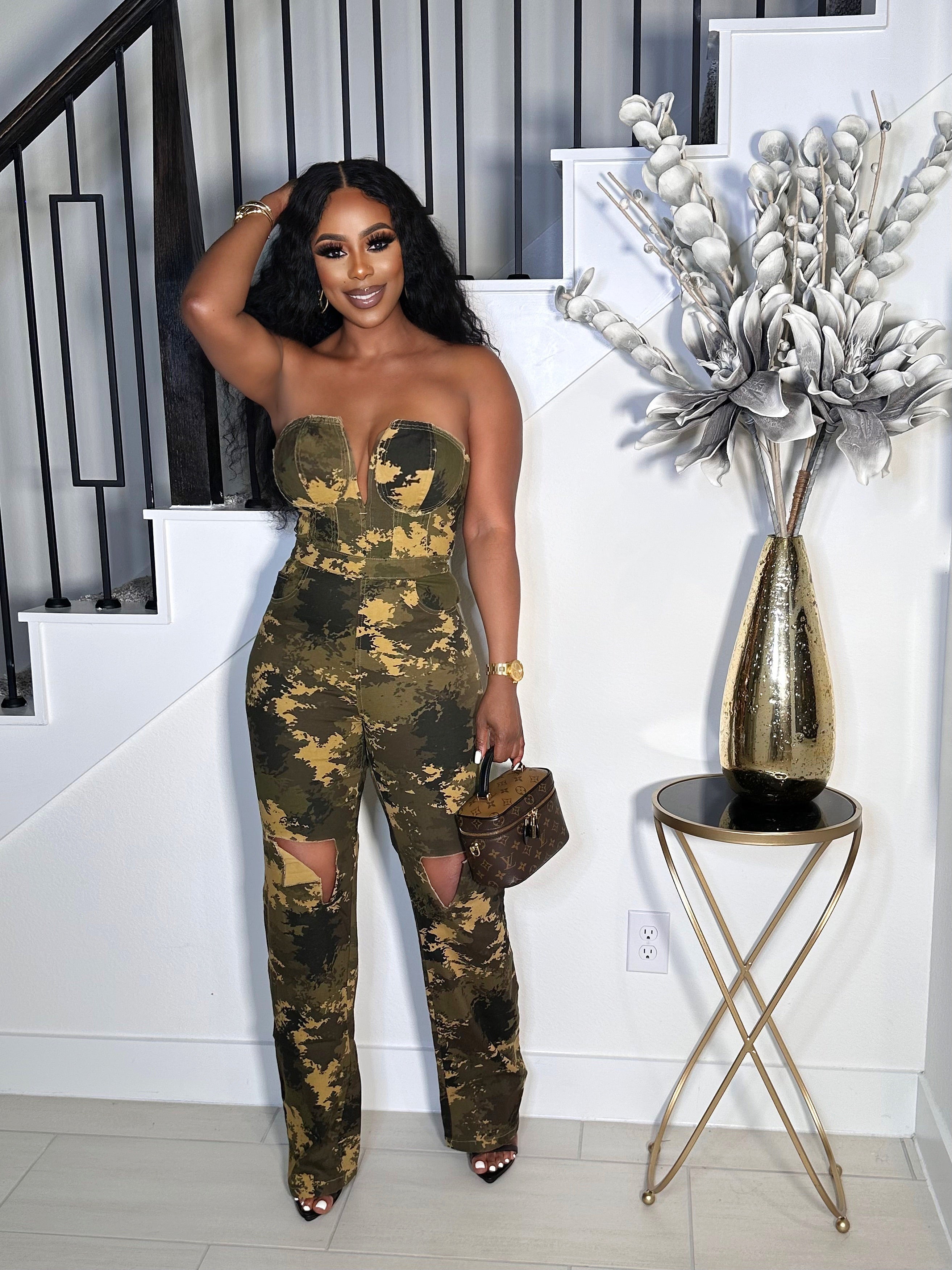 BIG STEPPER STRAPLESS CAMO JUMPSUIT