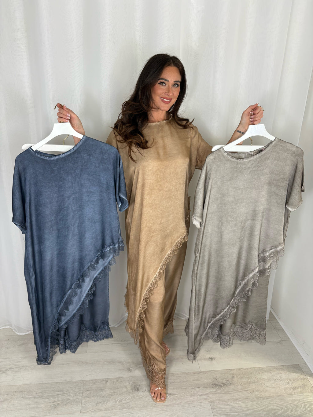 Asymmetric Top And Trouser Co-Ord With Lace Trim (3 Colours)