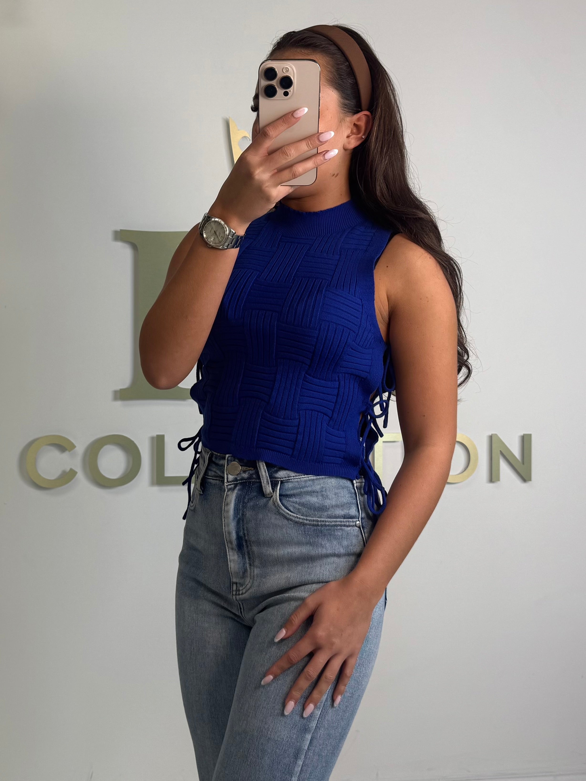 Royal Blue Woven Look Turtle Neck Tie Side Top
