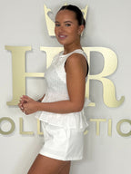 Crochet Detail Smocked Middle Peplum Double Bow Back Top (3 Colours)