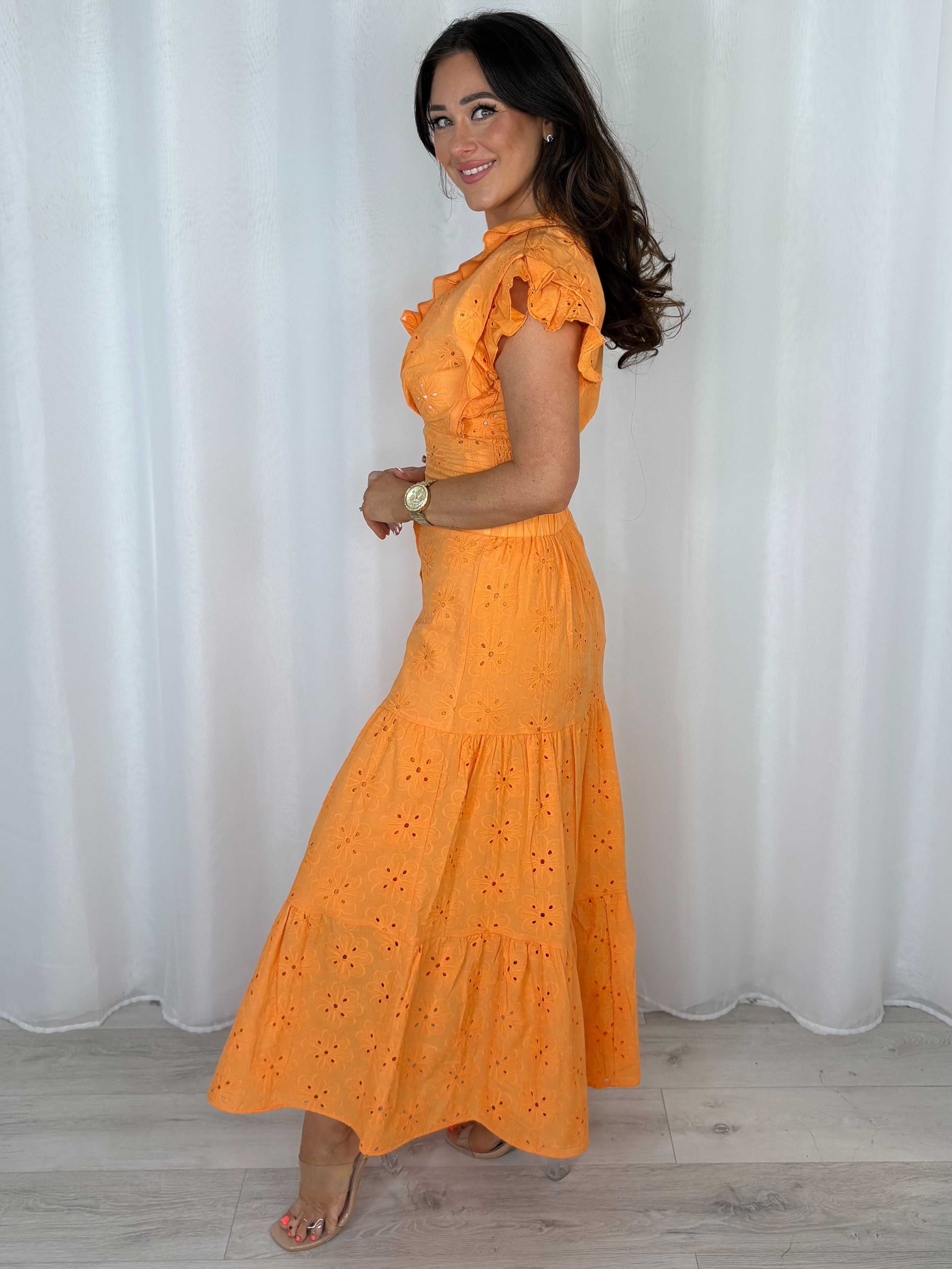 V-Neck Frill Detail Pearl Button Top And Skirt Co-Ord (3 Colours)
