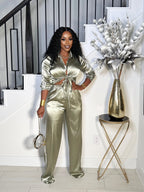 SO SILKY BUTTON DOWN PANTS SET (OLIVE)