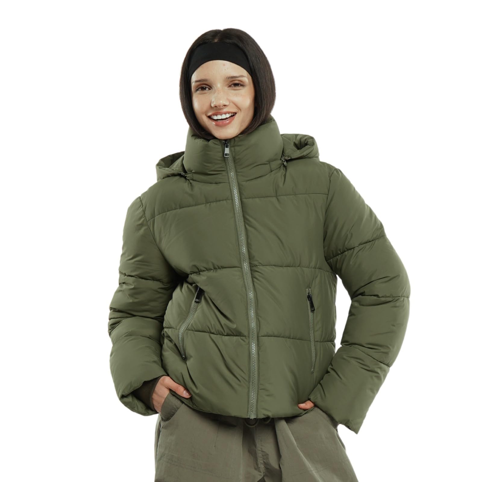Warm Core Premium Short Puffer Jackets with Removable Hood & Optional Faux Fur Linging, Lady Casual Outerwear Longsleeves Zip Pockets Warm Quilted Coat