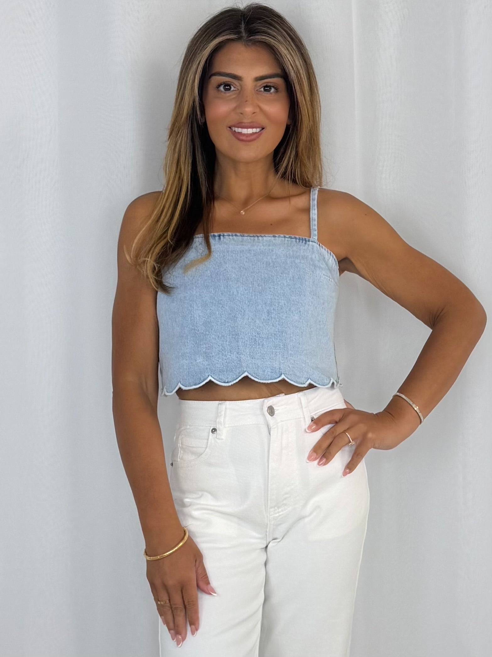 Light Denim Scalloped Top