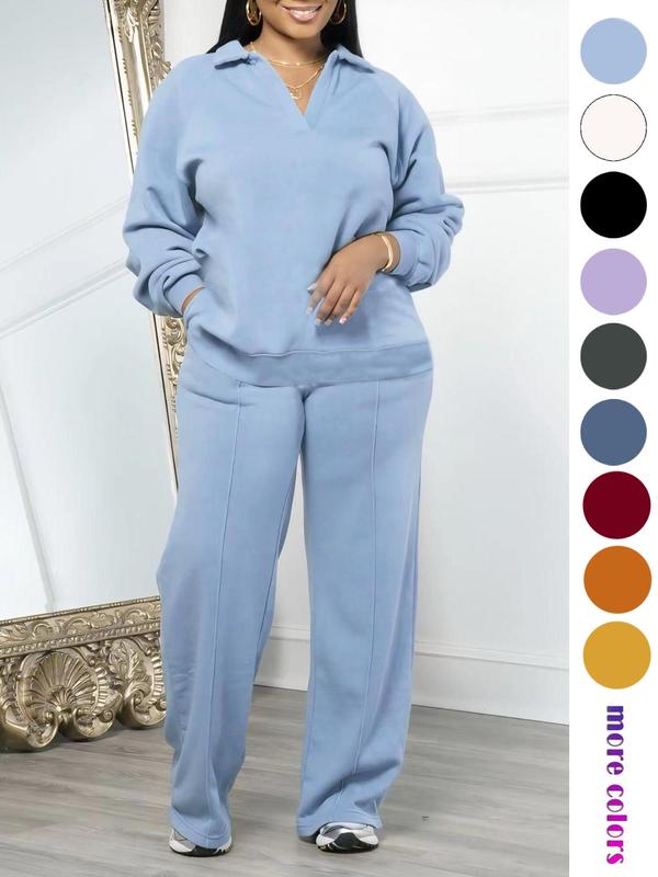 Women's Sets 2 Piece Outfit Long Sleeve Lapel V Neck Sweatshirt and Drawstring Wide Leg Pants Sweatsuits