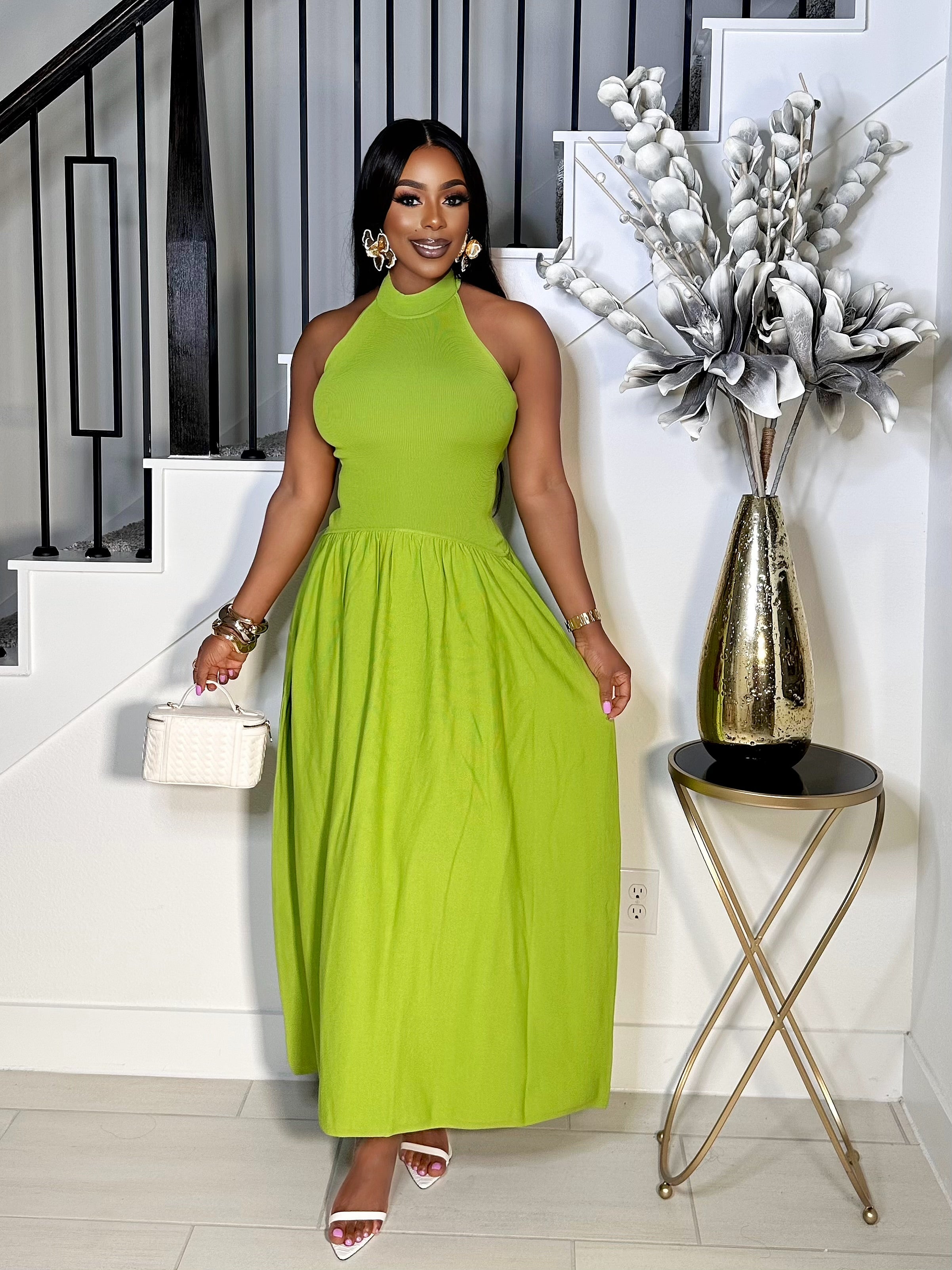 CHANTEL KNITTED HALTER NECK DRESS (CHARTREUSE)