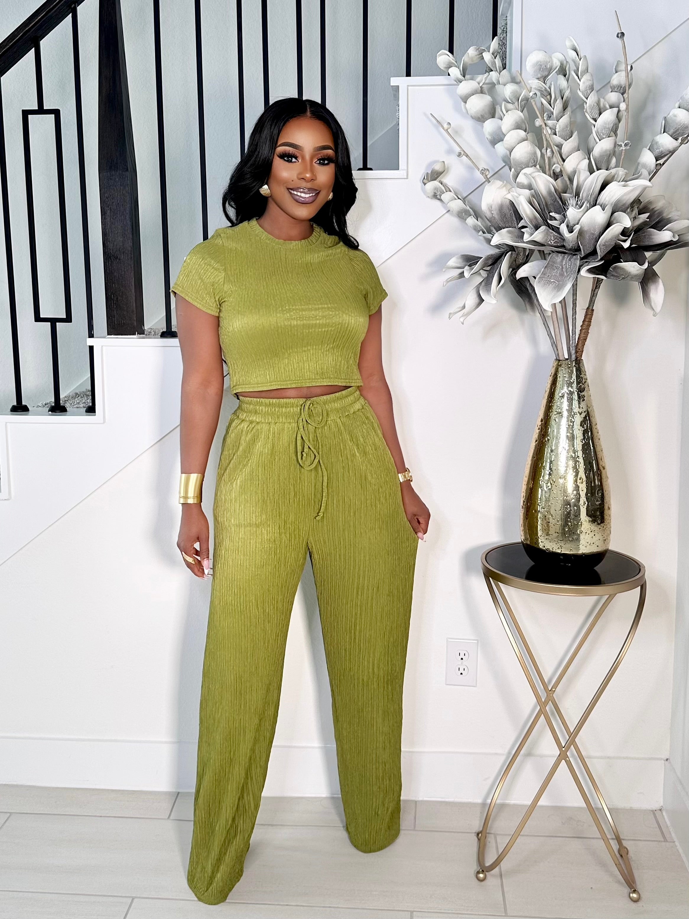 KHLOE STRETCHY 2 PIECE PANTS SET (GREEN)