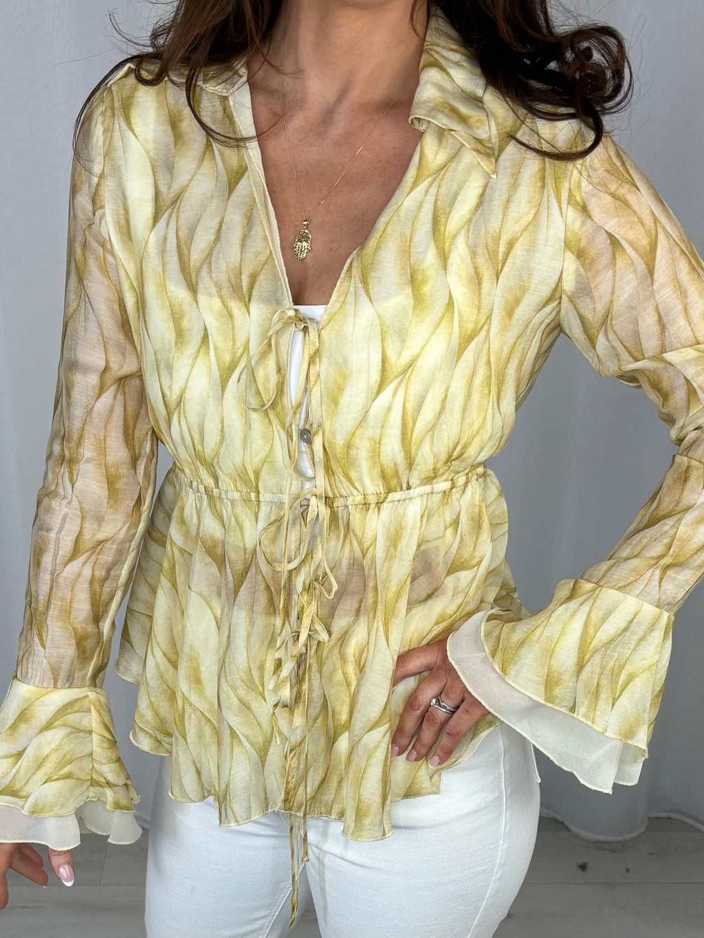 Tie Up Front Bell Sleeve Sheer Shirt