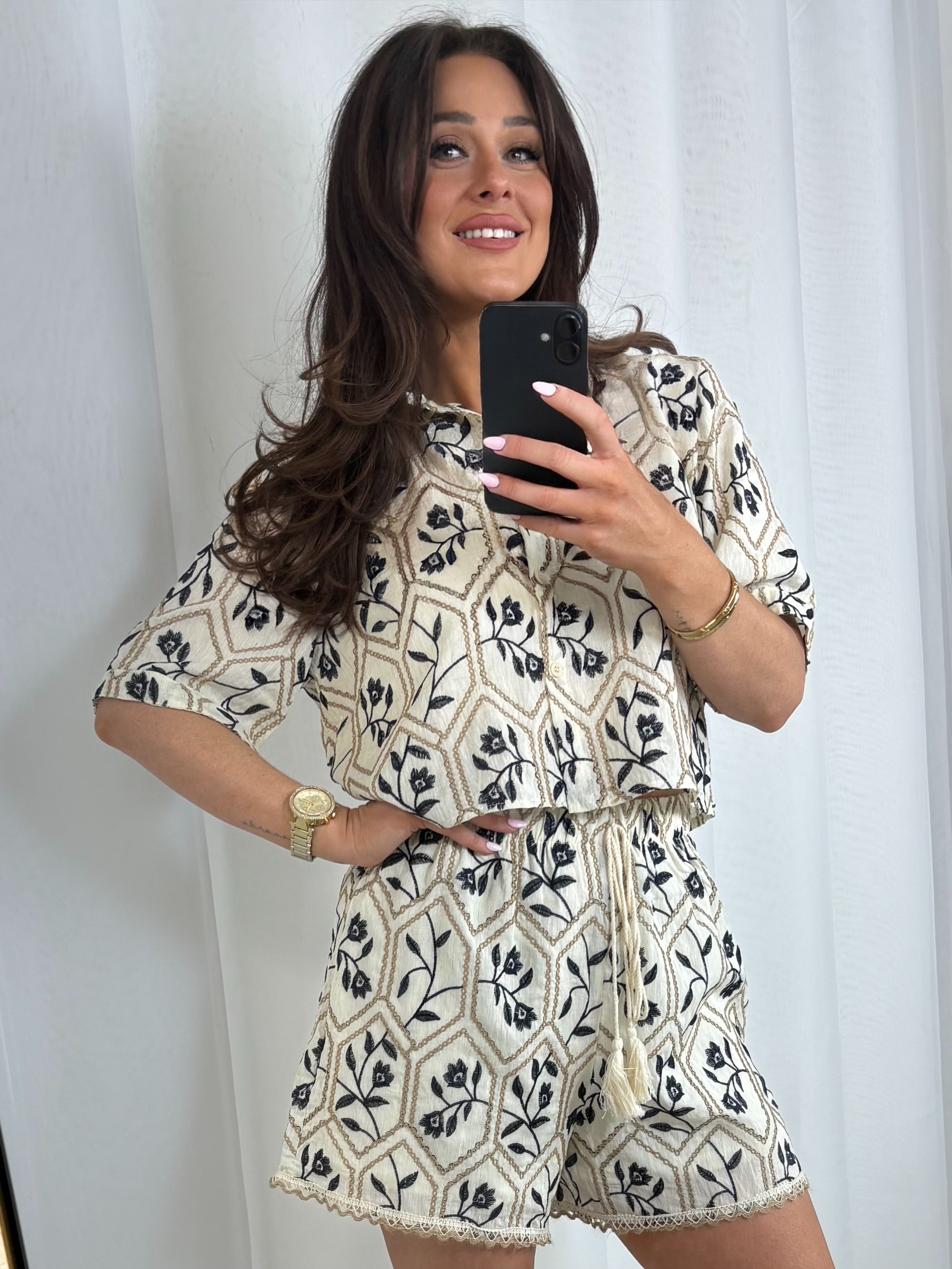 Navy/Cream Floral Embroidered Shorts Co-Ord