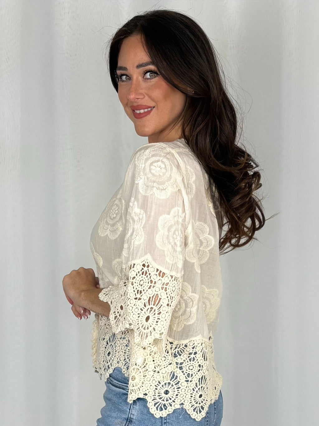 Button Up V-Neck Crochet Bell Sleeve & Crochet Top (2 Colours)