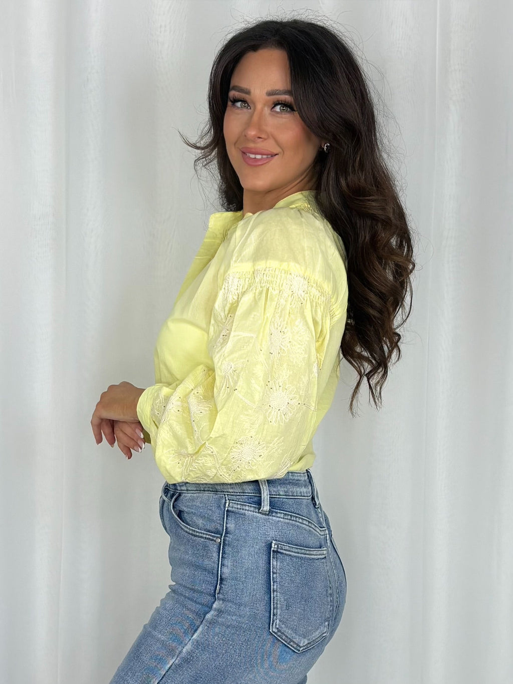 Floral Sleeve Embroidered Sequin Detail Shirt (2 Colours)