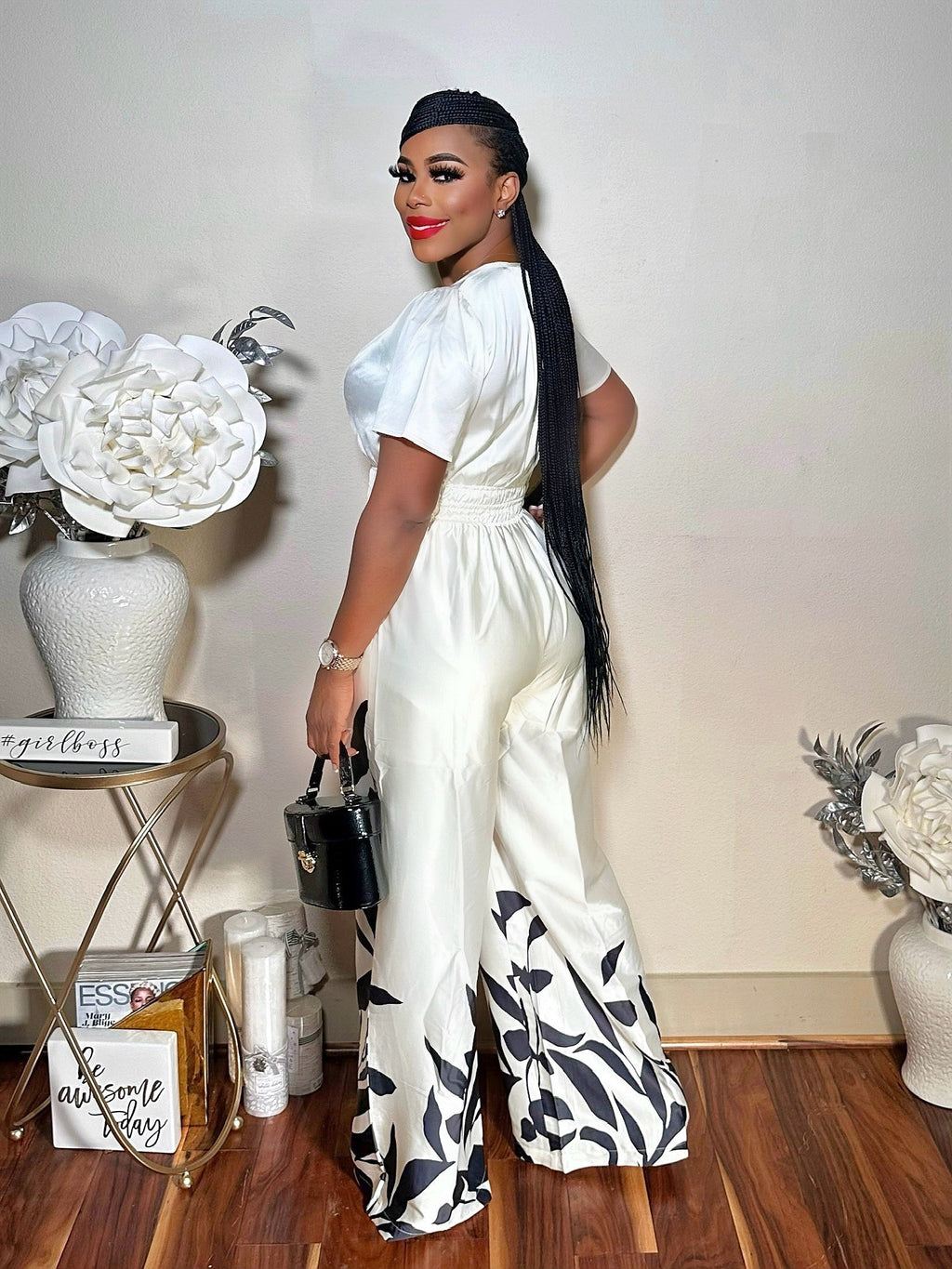 CELINE V-NECK LEAF PRINTED JUMPSUIT