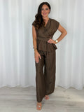 Gold Buckle Cap Sleeve Cross Over Top And Trouser Co-Ord (3 Colours)