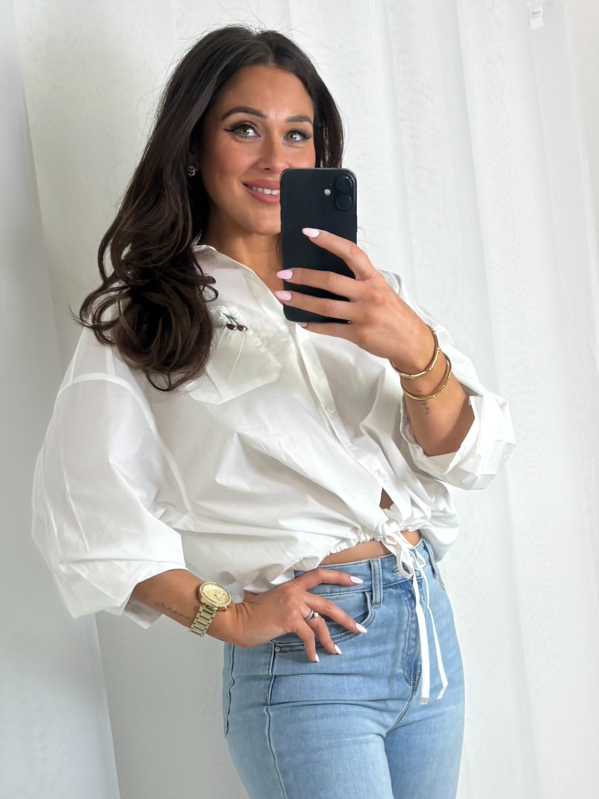White Drawstring Cherry Detail Shirt