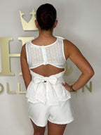 Crochet Detail Smocked Middle Peplum Double Bow Back Top (3 Colours)