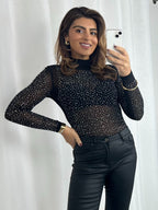 Scattered Diamante High Neck Sheer Bodysuit (2 Colours)